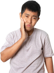 Portrait of young asian man showing gesture toothache.