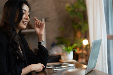 business female person interview work on cyberspace communication with video camera and laptop, happy smile businesswoman person call to online conference web from home office by webcam technology