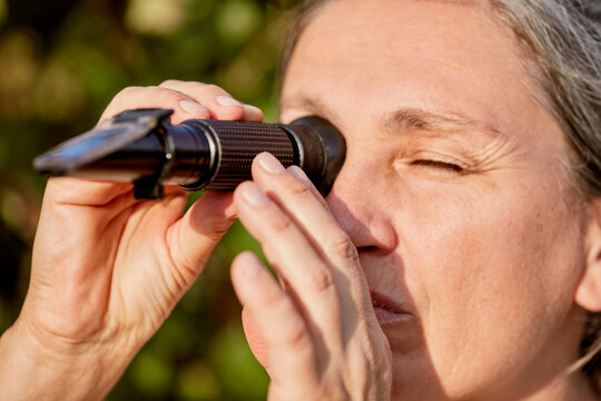 Mature farmer looking through refractometer