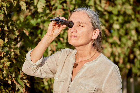 Mature farmer looking through refractometer on sunny day