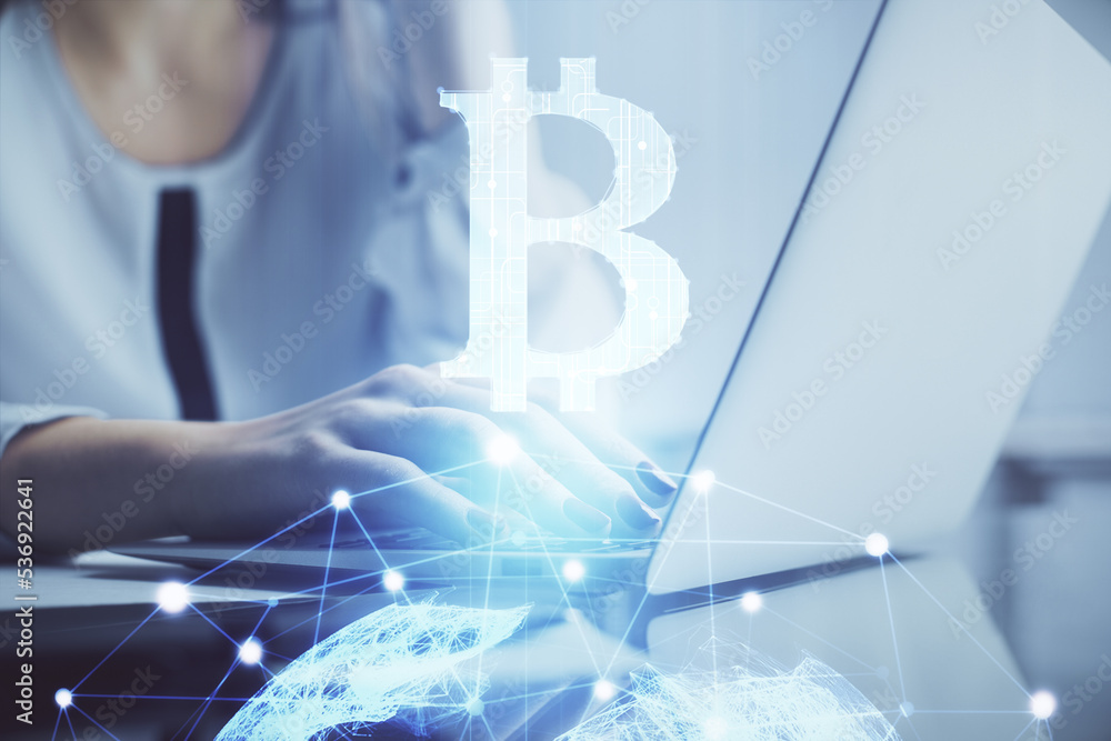 Poster double exposure of woman hands typing on computer and crypto market theme hologram drawing. blockcha
