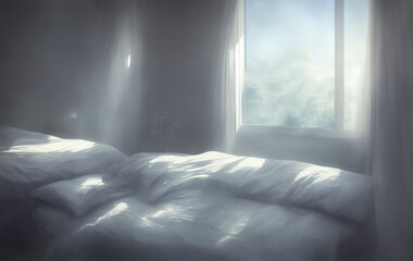 crisp white pillows and sheets in the beauty room. Close-ups. Lens talent in the sun. 3d render. Photomanipulation. 3d Matte Painting