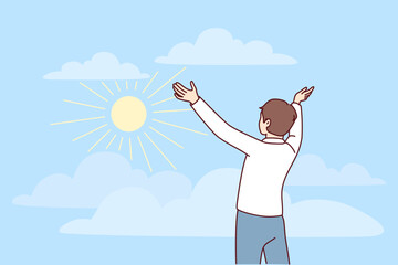 Happy young man stretch hands welcome sun in nature. Smiling female recovered from psychological mental problems excited with happy life. Vector illustration. 