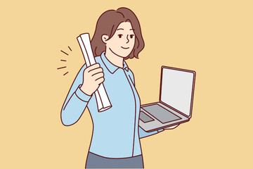 Smiling young woman holding diploma and laptop in hands graduate from university online. Happy female student excited with college graduation remotely. Vector illustration. 