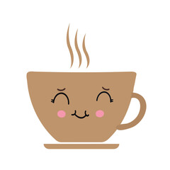 Mug with coffee in kawaii style. Vector illustration isolated on a white background.
