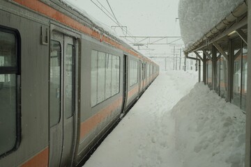 Obraz premium 大雪の近江長岡駅に停車するJR東海313系普通列車