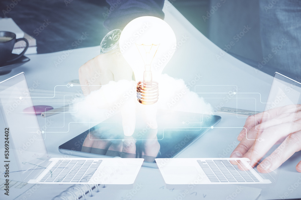 Poster double exposure of man's hands holding and using a digital device and bulb hologram drawing. idea co