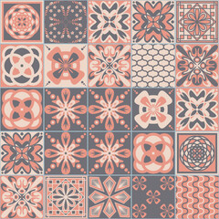 Azulejo talavera ceramic tile majolica pattern, pink gray traditional pastel background, vector illustration