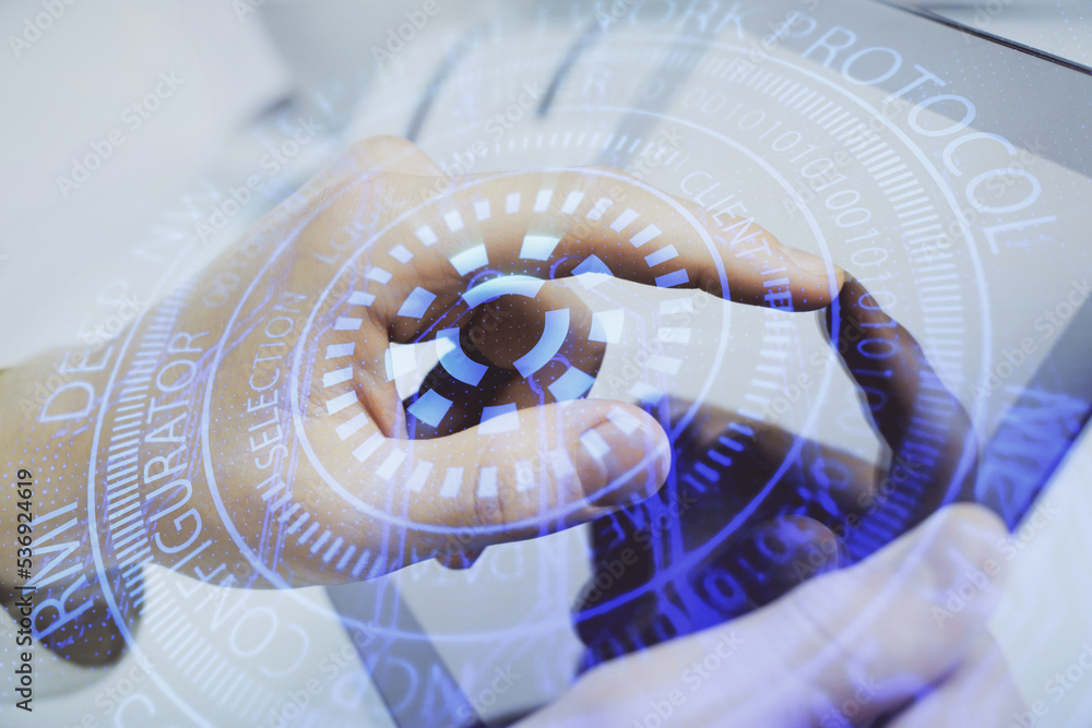 Poster multi exposure of man's hand holding and using a digital device and data theme drawing. innovation c