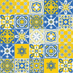 Azulejo talavera ceramic tiles spanish traditional pattern, blue yellow vintage background, vector illustration