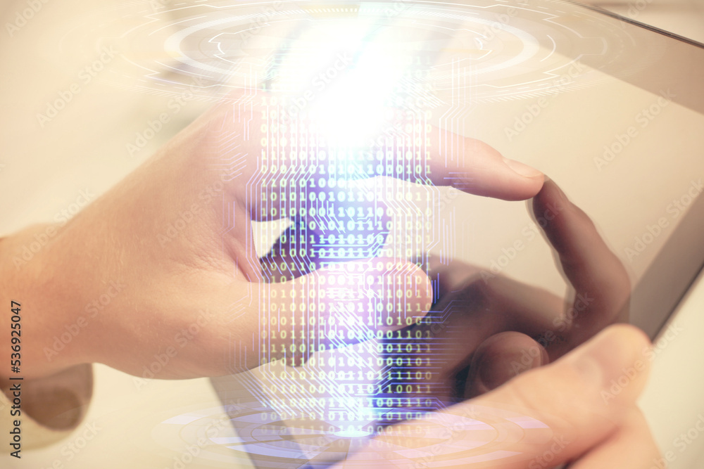 Poster Multi exposure of man's hand holding and using a digital device and data theme drawing. Innovation concept.