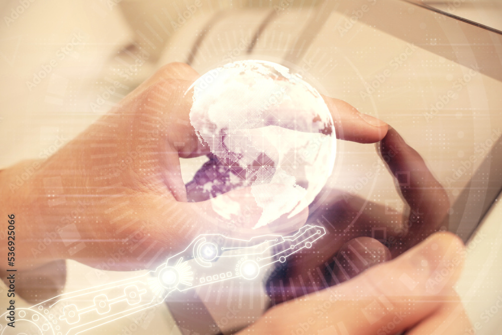 Poster Multi exposure of man's hands holding and using a digital device and map drawing. International business concept.
