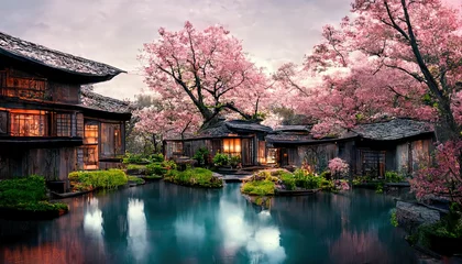  Japonese garden with cherry blossom, sakura, with water lake and japonese houses © DigitalGenetics