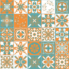 Azulejo talavera portuguese ceramic tile traditional floral pattern, green mint orange retro background, vector illustration