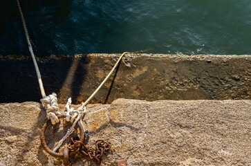 Close-up of a circular metal boat mooring