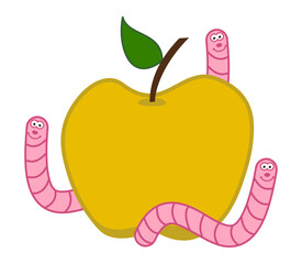 Smiling pink maggot coming out of a juicy yellow apple