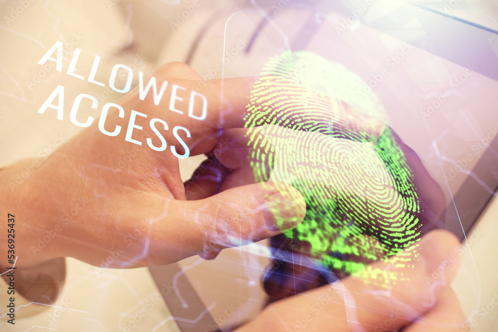 Poster Double exposure of man's hands holding and using a digital device and fingerprint hologram drawing. Security concept.