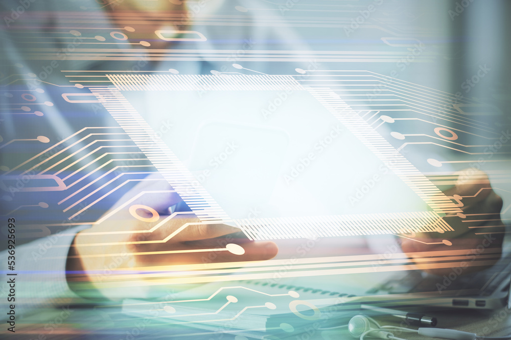 Aufkleber Multi exposure of man's hands holding and using a digital device and data theme drawing. Innovation concept.