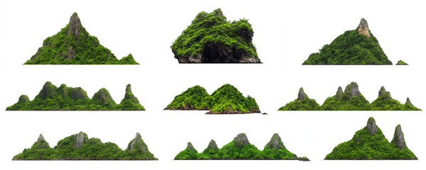 islands, set of exotic islets isolated on white background - obrazy, fototapety, plakaty