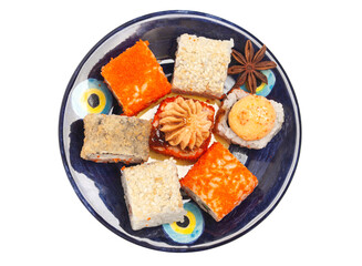 Sushi rolls japanese food on a plate top view