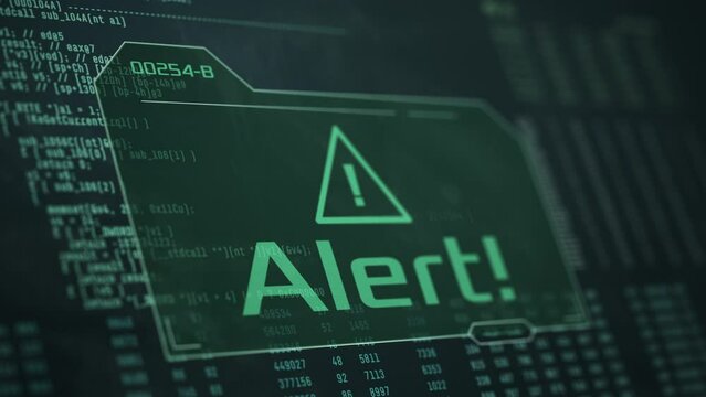 close-up of a computer monitor, random data and code on background, alert message, concept of computer hacking, malware, cyber attack, or generic danger (3d render)