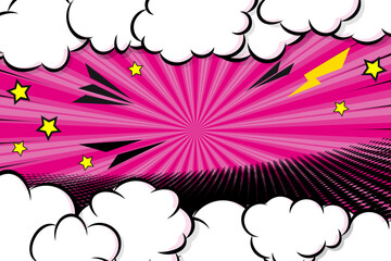 Comic cloud frame with lightning and stars on halftone rays background. Design template vector art illustration. © Itana