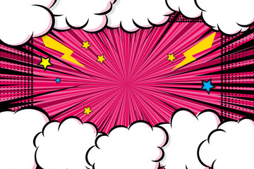 Comic cloud frame with lightning and stars on halftone rays background. Design template vector art illustration.