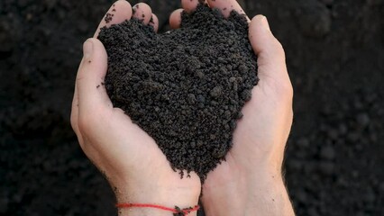 A man holds the soil in his hands in the garden. Selective focus.