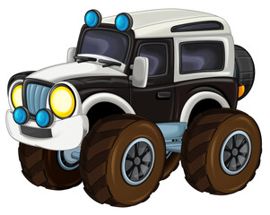 cartoon happy and funny off road police car looking like monster truck smiling vehicle illustration for children © honeyflavour
