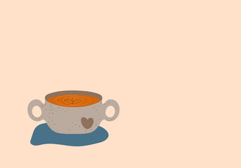 Rustic pumpkin soup flat vector illustration. Autumn winter cosy background