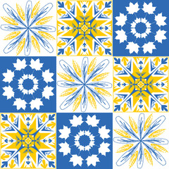 Spanish ceramic tiles azulejo talavera, contrast pattern blue yellow bright decor for walls and floors, vector illustration