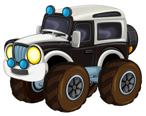 cartoon happy and funny off road police car looking like monster truck smiling vehicle illustration for children