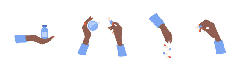 Set of african female hands with pills. Healthcare concept. Cold and flu treatment. Women drinking vitamin complex and minerals. Vector illustration in flat cartoon style.