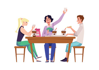 Happy company eating junk food and playing card games flat style