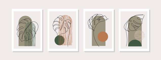 Fototapeta na wymiar Abstract continuous tropical leaves, geometric shapes poster set in 1950 mid century style.