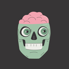 Cartoon funny skull with brain, eye sockets. Funky zombie background