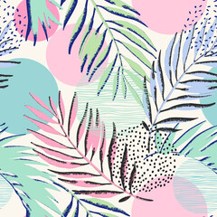 Fototapeta na wymiar Colorful grunge textured palm leaves, textured circle seamless pattern.