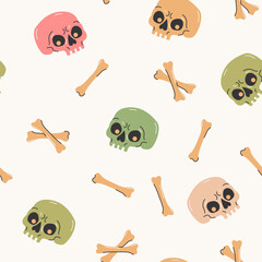 Cartoon funny skulls with colorful bones, crossbone seamless pattern. Skull and bone background. - 536928252