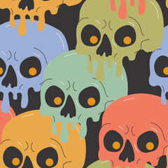 Psychedelic drippy paint skull seamless pattern. Acid abstract dead character in cartoon style on dark background - 536928262