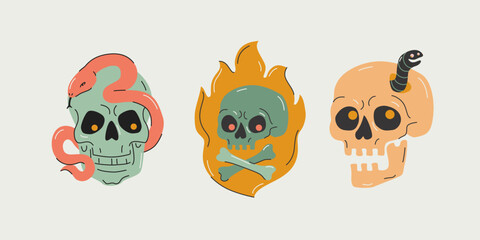 Cartoon skull set. Funny skulls with crossbones, flames, snake, worm.