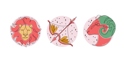 Astrological fire element zodiac signs vector illustration. Horoscope symbols, icons set