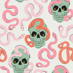 Cartoon funny skulls with colorful snakes seamless pattern. Skull background. - obrazy, fototapety, plakaty