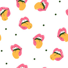 Funky open mouth with teeth, sensual lips, positive emotions seamless pattern