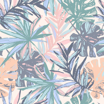 Hand drawn tropical leaves background. Tropics jungle leaves grunge sketch seamless pattern.