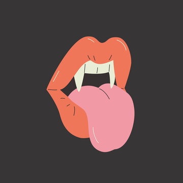 Female vampire lips. Funky cartoon womans open mouth with tongue, Dracula teeth.
