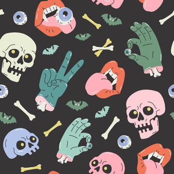 Cartoon funny skulls, bones, crossbone, monster zombie hands, vampire lips, bats seamless pattern. Halloween background