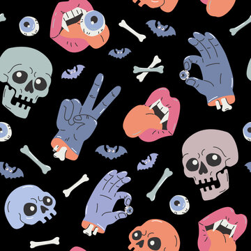 Cartoon funny skulls, bones, crossbone, monster zombie hands, vampire lips, bats seamless pattern. Halloween background