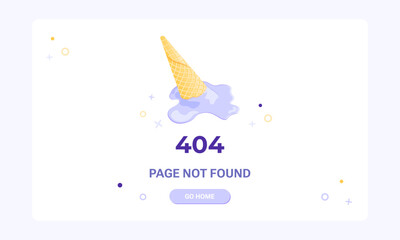 Page not found banner template. Web page with 404 error. Flat illustration of  ice cream melting and spilling from the waffle cone for design template of fail and error 