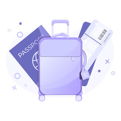 Travel, summer holidays, booking, planning a vacation and tourism concept with suitcase on wheels, passport and airline tickets