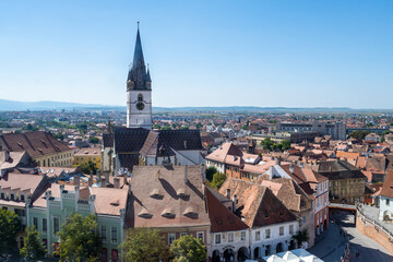 Fototapeta na wymiar Panoramic view of Sibiu city, Romania with the Evangelical Cathedral of Saint Mary